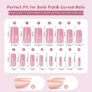Detailed size chart for pink nude press-on nails featuring 15 different nail sizes