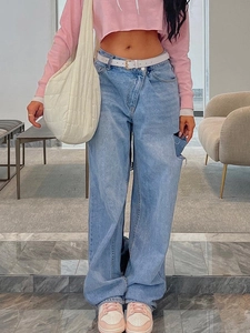Jeans Donna Vita Asimmetrica Strappati Denim Cotone Gamba Larga Larghi Streetwear Pantaloni