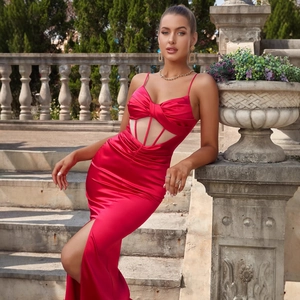 Elegant rose red satin evening dress with spaghetti straps and high slit detail