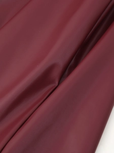 Gros plan détaillé montrant la texture du cuir rouge et le fini brillant de la veste