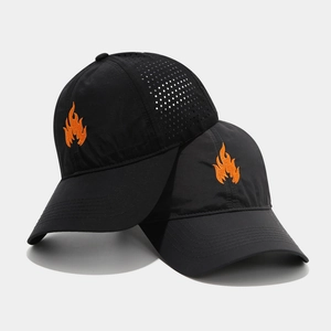 Waterproof laser-cut baseball cap with orange flame embroidery and breathable mesh