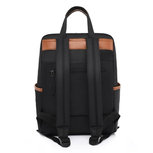 Black casual laptop backpack with brown trim and padded straps shown from the back view