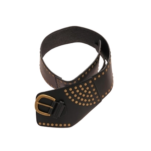 Vintage wide black leather belt with antique gold metal rivets and classic pin buckle