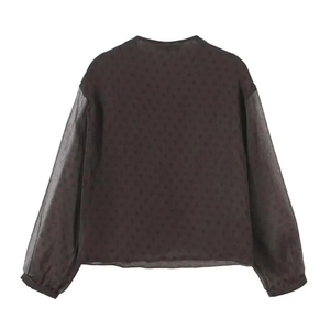 Detail der Polka-Dot-Bluse mit transparenten Chiffonärmeln und brauner Stofftextur
