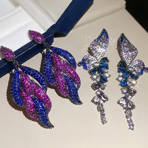 Vintage Zircon Water Drop Butterfly Leaf Dangle Earrings With Silver Earring Post For Women Luxury Colorful Jewelry