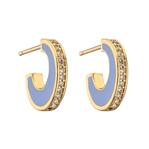 Elegant gold plated C-shaped hoop earrings with light blue enamel and zircon stones