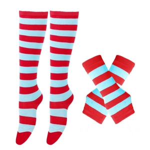 Detail view of red and blue striped knitted over-knee socks and fingerless arm sleeves set