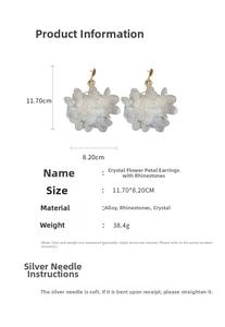 Detailed view of large crystal flower earrings with 11.70cm by 8.20cm size measurements