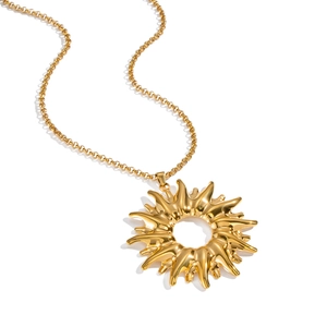 Elegant gold sun pendant necklace for women made of polished stainless steel metal