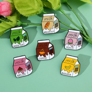 Set of 6 cartoon enamel pins featuring various milk box designs on green background