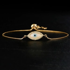 18K gold plated evil eye bracelet with cubic zirconia and adjustable box chain