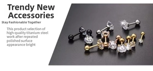 Detail of high-polished titanium steel stud earrings with round brilliant cubic zirconia