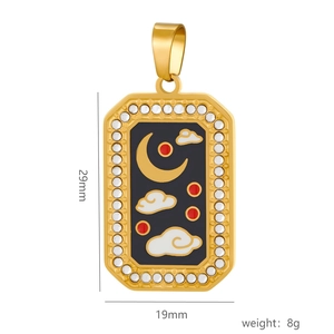 Rectangular stainless steel crescent moon and cloud enamel pendant necklace with crystals