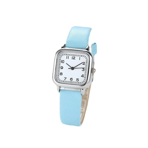 Elegant women's square quartz watch with a light blue leather strap and silver metal case