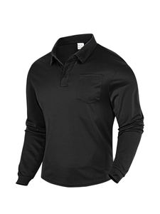 Close-up of black mesh polo shirt neckline with M size label and chest pocket detail