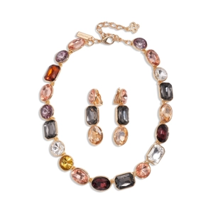 Vintage gold necklace set with colorful geometric crystals and matching earrings