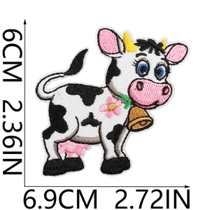 Detailed embroidery patch of a cute cow with size measurements 6.9cm x 6cm