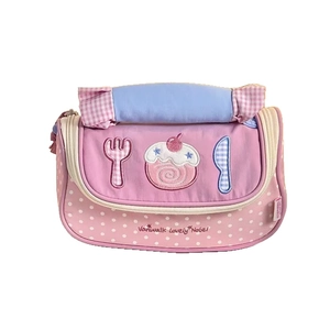 Cute strawberry roll stationery bag with polka dots, embroidery, and soft blue handle