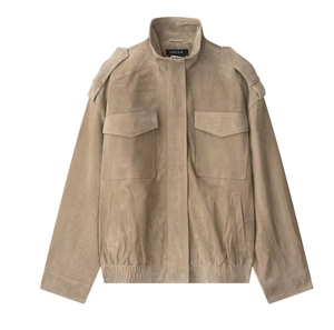 Women Faux Suede Leather Jacket Stand Collar Loose Casual Epaulet Flap Pockets Streetwear Solid Color Button Up Outerwear