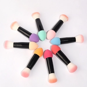 Radial layout of double-ended makeup brushes with colorful sponges and soft bristles