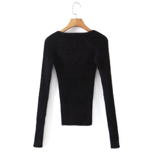 Detail of black V-neck knit top showing soft ribbed texture and fuzzy mohair material