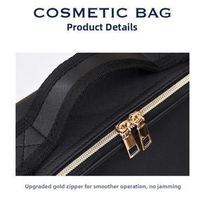 Close-up of black textured cosmetic bag featuring smooth gold dual metal zippers