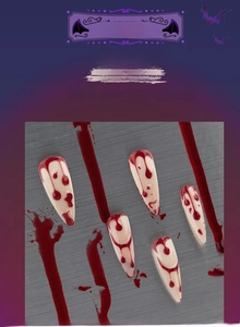 Detail of long coffin press-on nails with 3D Halloween red blood dripping art design