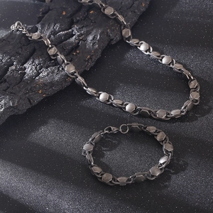 Sleek dark grey stainless steel necklace and bracelet set with hexagonal links