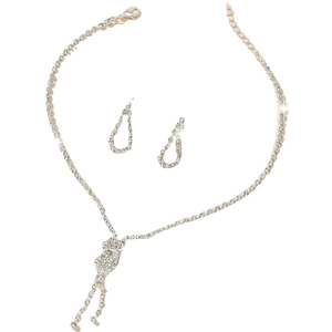 Elegant silver bridal jewelry set featuring a knotted rhinestone necklace and teardrop earrings