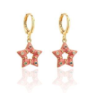 Detail view of 18K gold plated star earrings with colorful zircon and pink enamel