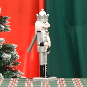 Traditional 36cm silver king nutcracker wooden Christmas ornament with sword on a stand