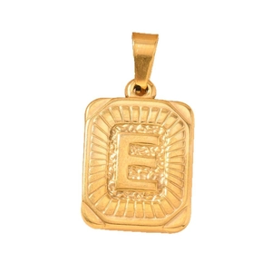 Vintage gold square pendant necklace with embossed letter E and sunburst edges