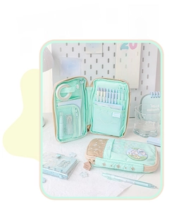 Detail of mint green stationery pouch with internal mesh pockets and pen slots