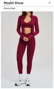 Three-piece cherry red fitness set with zip-up jacket, V-neck bra and high waist leggings