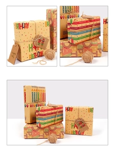 Detailed view of brown kraft gift wrapping paper with colorful happy birthday prints