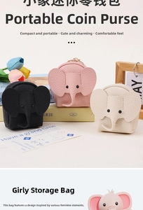 Detailed close-up of elephant coin purses in black, pink, and beige with metal zippers
