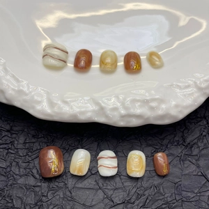 Handmade Press On Nails Smudge Marble Brown Latte Coffee Short Square Luxury Gold Foil For Women