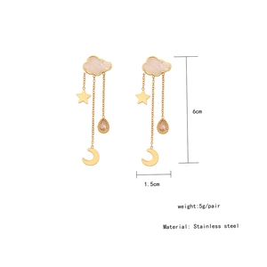 Detail showing golden stainless steel cloud and moon earrings with dimensions and 5g weight