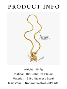 Detail showing 316L stainless steel snake chain with heart and pearl pendant dimensions