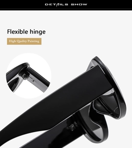 Detail view of high quality flexible hinge and premium black painting on oval sunglasses