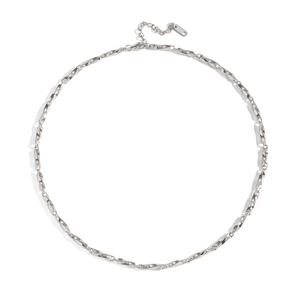 Detail of silver geometric chain necklace showing S925 clasp and extension link