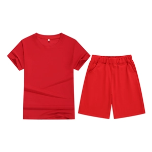 Kids sporty red two-piece short sleeve T-shirt and drawstring shorts summer set