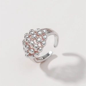 Polished silver beaded open ring with adjustable minimalist ball cluster design for women
