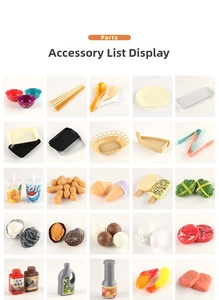 Detailed grid view of 25 miniature play kitchen food items and utensil accessories