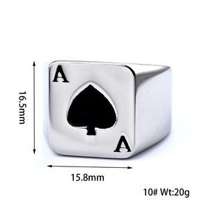 Macro shot of stainless steel poker Ace of Spades ring with dimensions 16.5mm by 15.8mm
