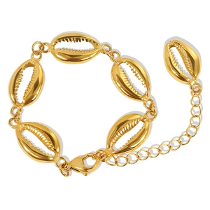 Gold shell ocean bracelet with five metallic seashell links and adjustable lobster clasp