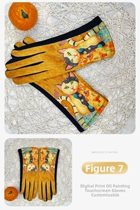Close-up of touchscreen suede gloves with yellow oil painting cat art style print