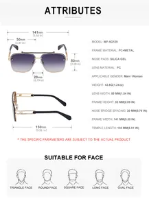 Detailed size chart for rimless square sunglasses showing frame dimensions and weights