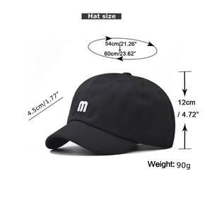 Detailed size chart for black short brim cotton baseball cap with embroidered letter m