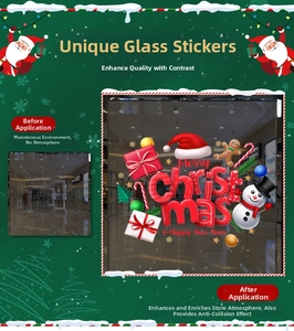 Christmas window stickers showing a festive scene with Santa Claus and snowman decorations